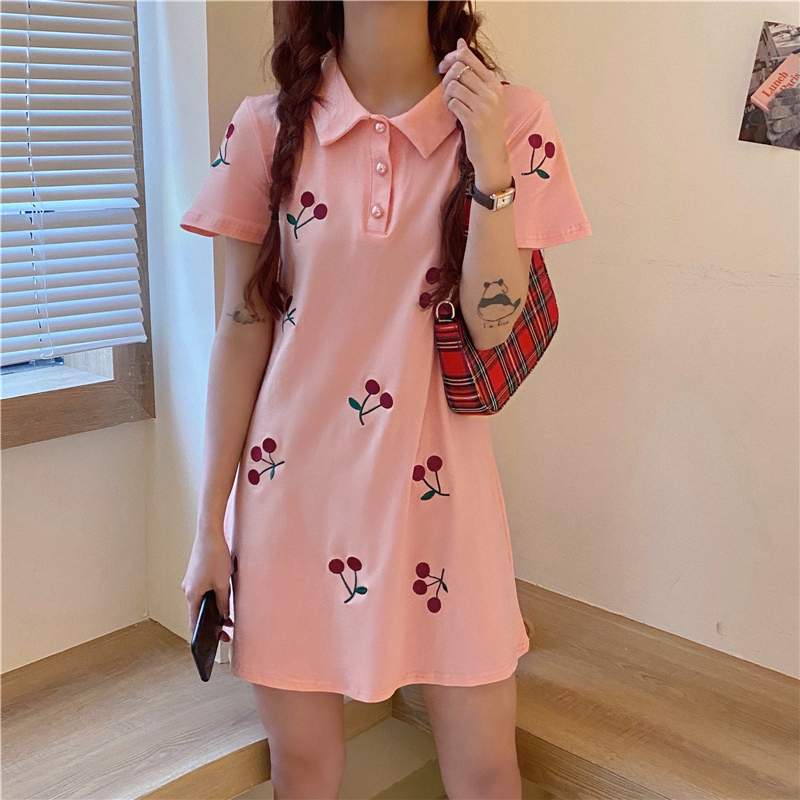 Real shot cotton Korean student embroidered cherry short sleeve collar shirt dress