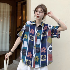 Real photo retro printed shirt women's design feeling idyllic style shirt short sleeve fashion foreign style Hong Kong style women's wear