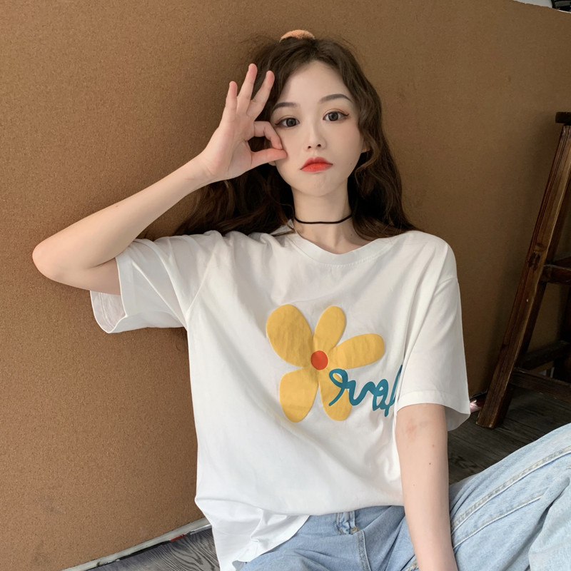 Summer Korean loose and lovely age reducing Daisy letter printed white short sleeve T-shirt