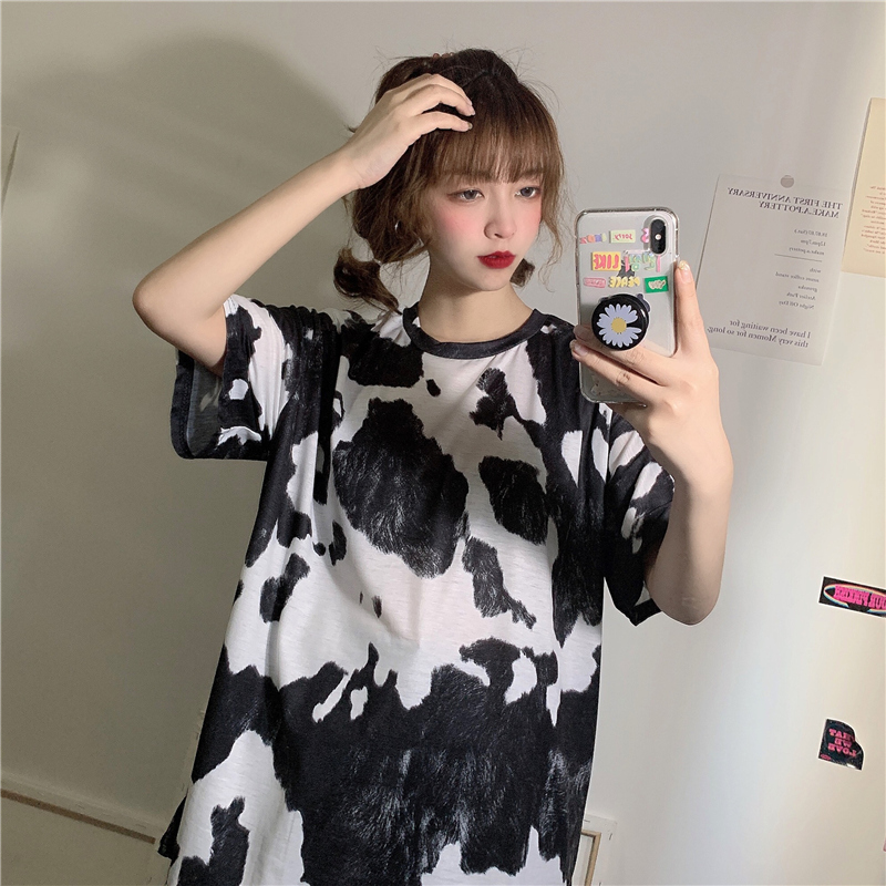 Real shot fiber T-shirt women's short sleeve loose Korean personalized medium length top