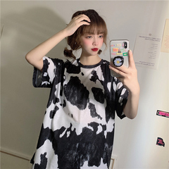 Real shot fiber T-shirt women's short sleeve loose Korean personalized medium length top