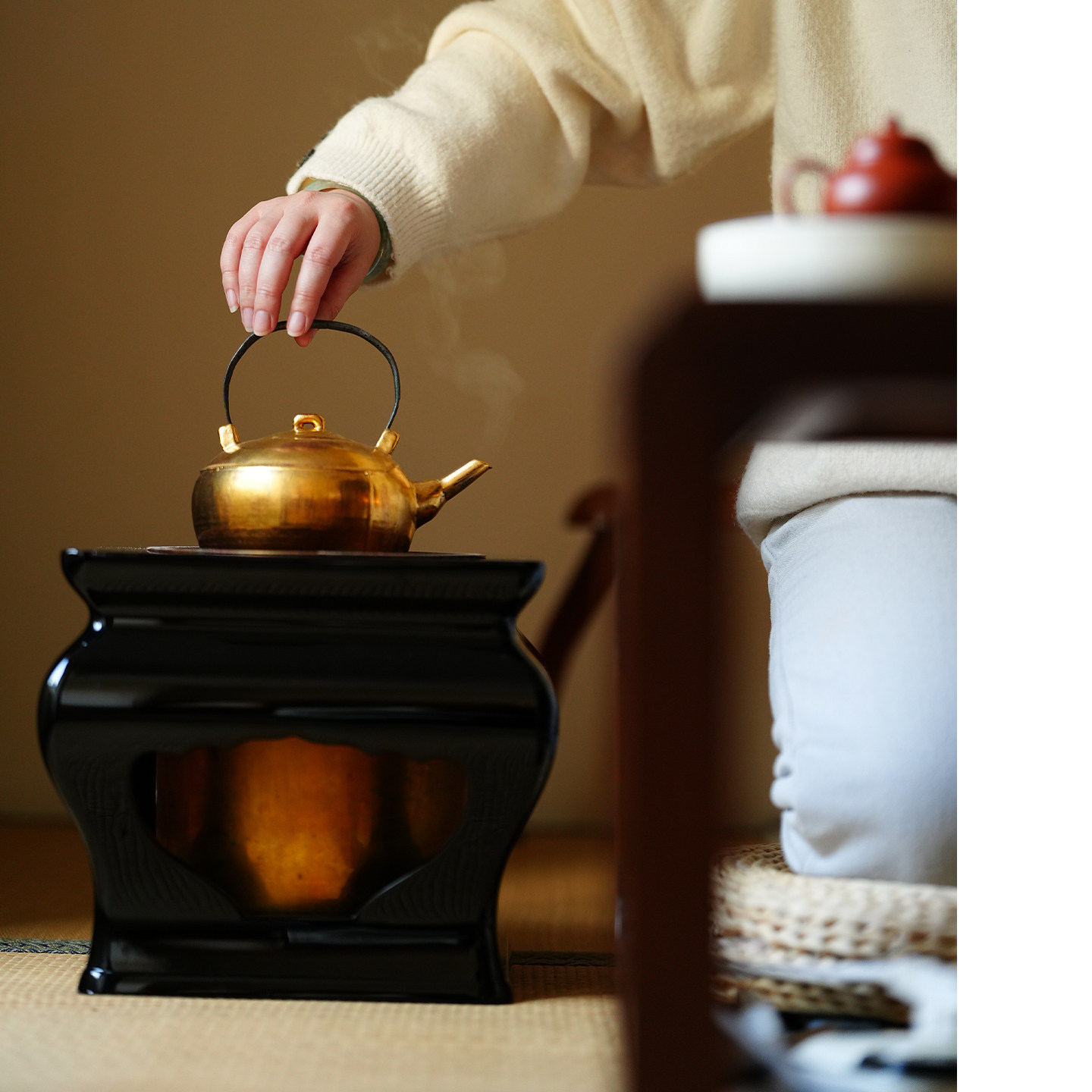 大漆花几型火钵 日本回流 付供箱 茶道配件