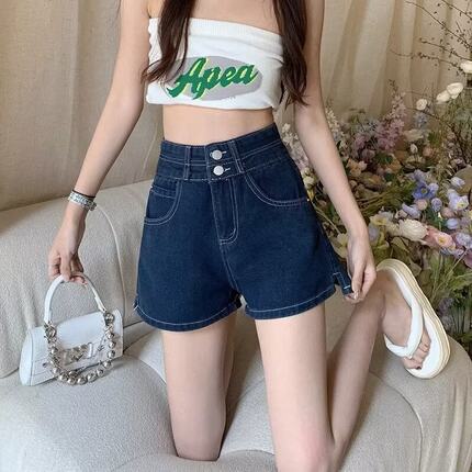 夏季双扣牛仔短裤女高腰显瘦开叉宽松阔腿大码A字辣妹热裤子ins潮
