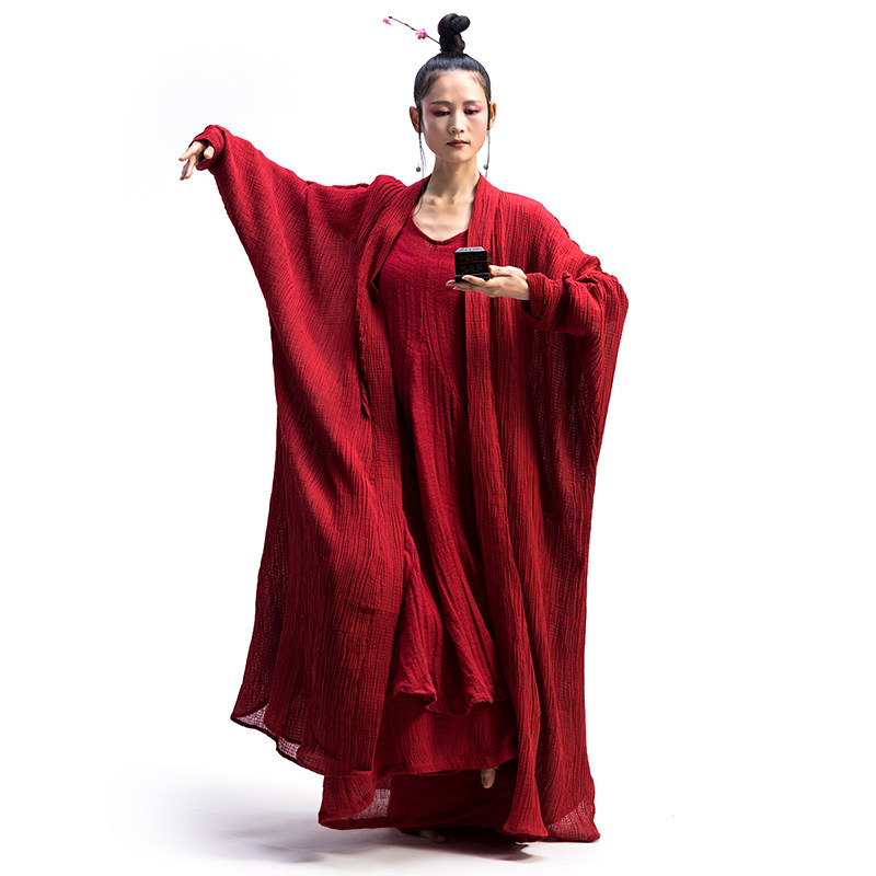 花椿诗意 禅服中国风棉麻外披女开衫长款 春秋大码酒红色复古外套