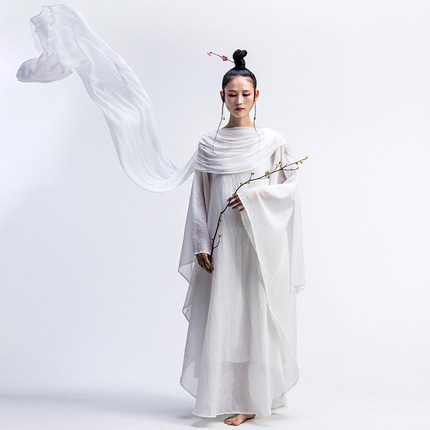禅舞仙气疗愈师服装高端亚麻披肩连衣裙清冷禅意佛系女装白色裙子