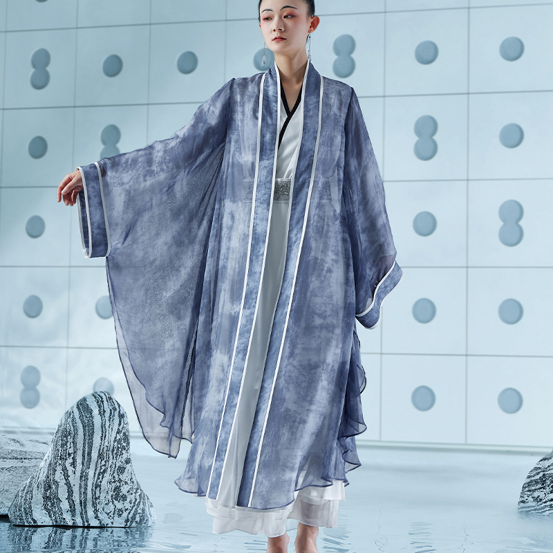 花椿诗意禅服道袍女改良汉服中国风水墨表演真丝广袖外披长衫褙子