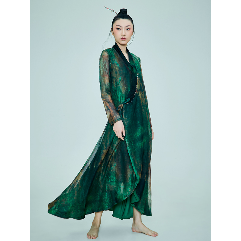 花椿诗意绿色中国风禅服连衣裙