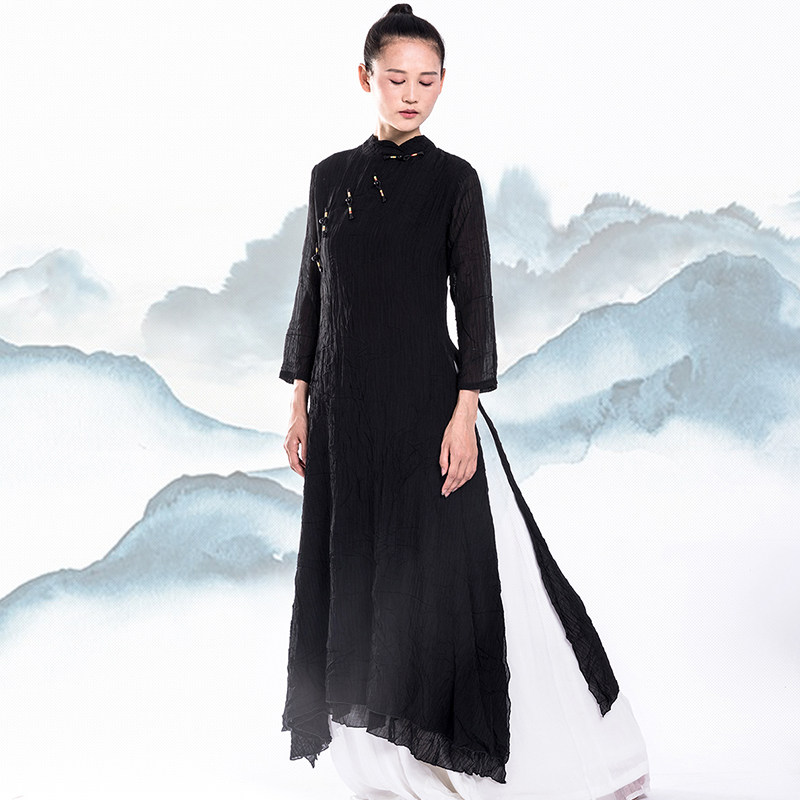 复古改良汉服旗袍女2025新款春夏高腰立领禅意古琴服装长袖连衣裙