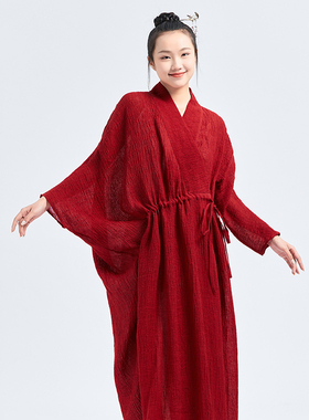 花椿诗意佛系女装中国风禅修长袖交襟高级全亚麻连衣裙设计感小众