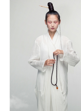 花椿诗意禅服女白色长裙仙气质显瘦 交领长袖复古文艺长款连衣裙