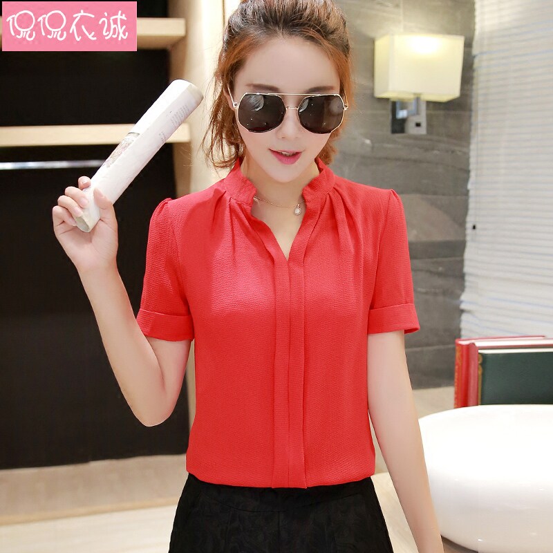 2022夏装新款衬衫女短袖修身V领雪纺衫女上衣职业工作装白色衬衣在类目 女装/女士精品, 衬衫中 - 来自Buy2taobao.com提供专业的淘宝代购服务