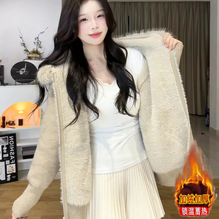 韩系毛领连帽毛衣外套女秋冬季宽松百搭加绒加厚针织开衫短款上衣