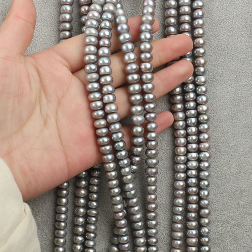 强光8-8.5mm 灰色扁珠天然淡水珍珠无核38cmDIY半成品串珠项链