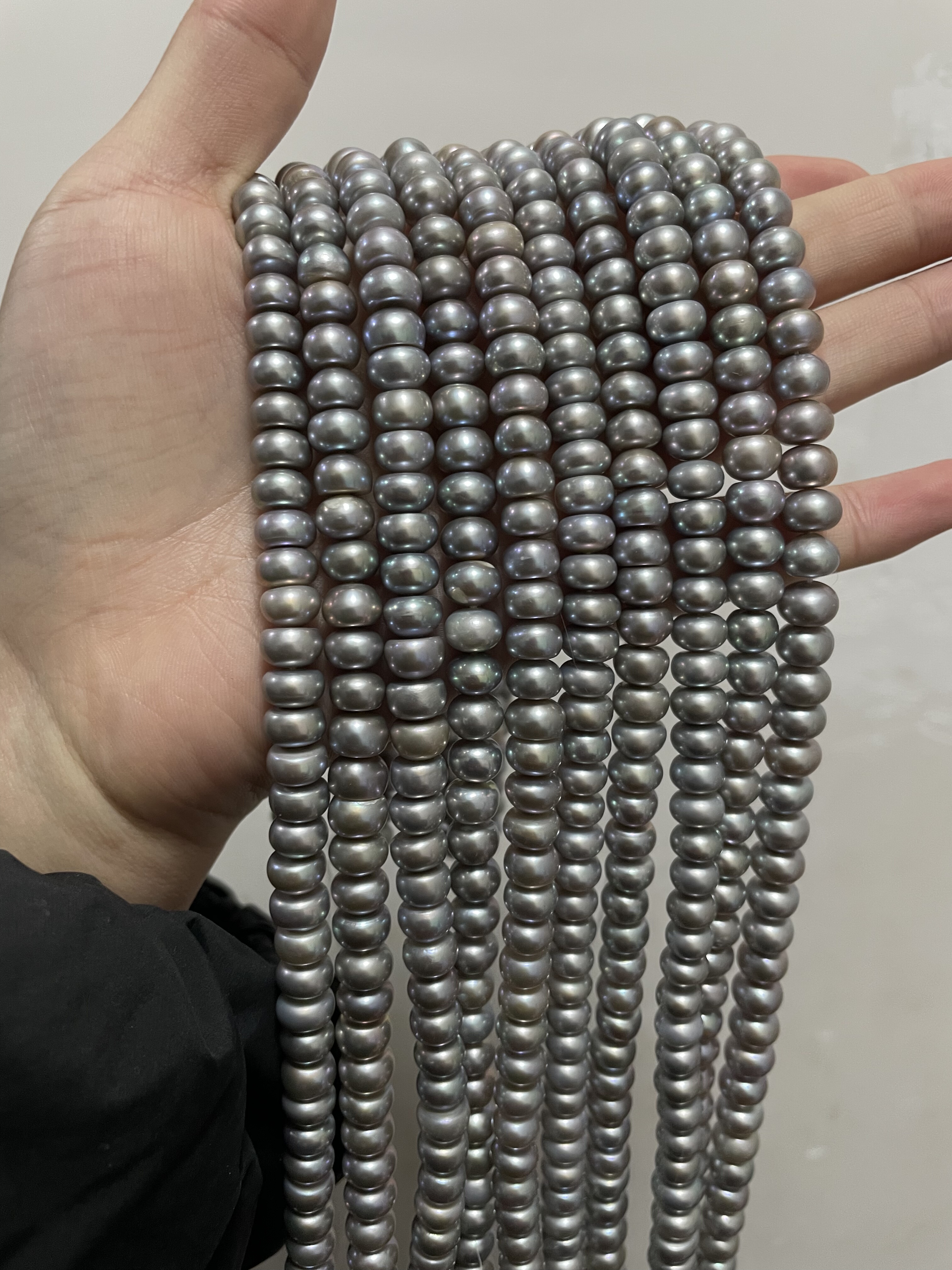 8-8.5mm 灰色扁珠天然淡水珍珠无核38cmDIY半成品串珠项链