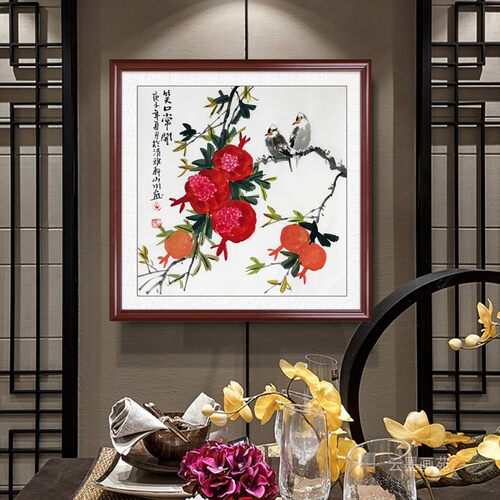 手绘真迹国画写意水墨花鸟画客厅玄关装饰三尺斗方石榴图笑口常开