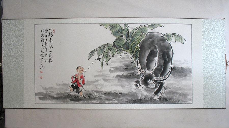 手绘国画何奕兴人物作品水墨画四尺横幅牧牛办公室卷轴挂画字画