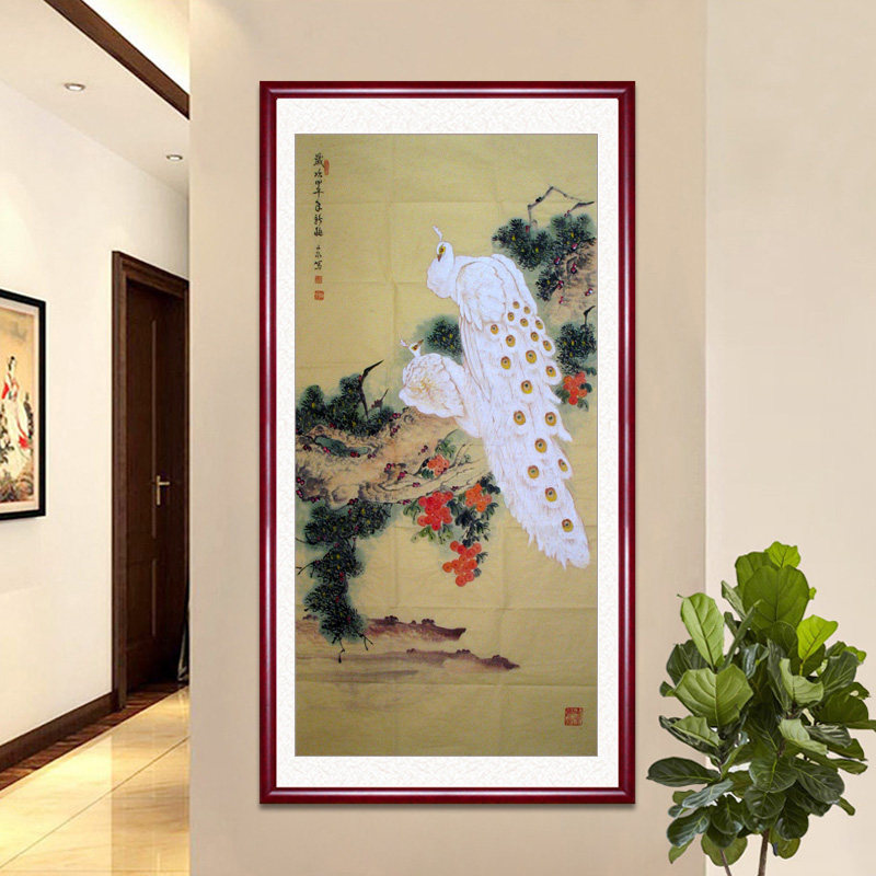手绘国画花鸟孔雀装饰画玄关中式客厅挂画图走廊过道壁画竖版字画