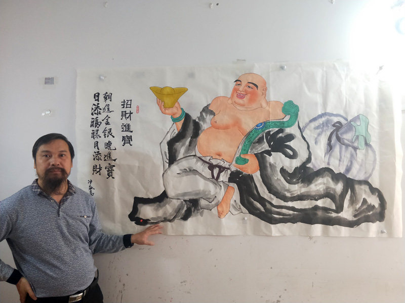 名家手绘人物国画弥勒佛画像招财进宝风水画六尺客厅办公室装饰画
