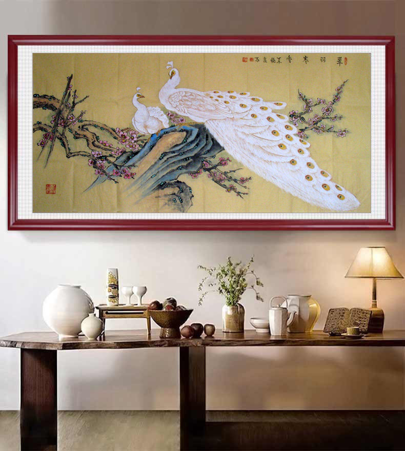 客厅卧室风水招财挂壁画国画手绘牡丹孔雀图锦鸡凤凰仙鹤装饰挂画