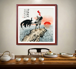 纯手绘国画大公鸡金鸡报晓雄鸡图花鸟水墨画斗方玄关走廊风水挂画