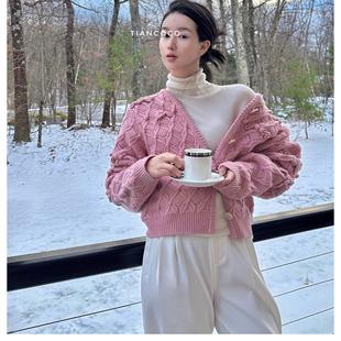 纯手工编织钩花粗棒针织毛衣开衫 100%美丽奴羊毛甜美开衫