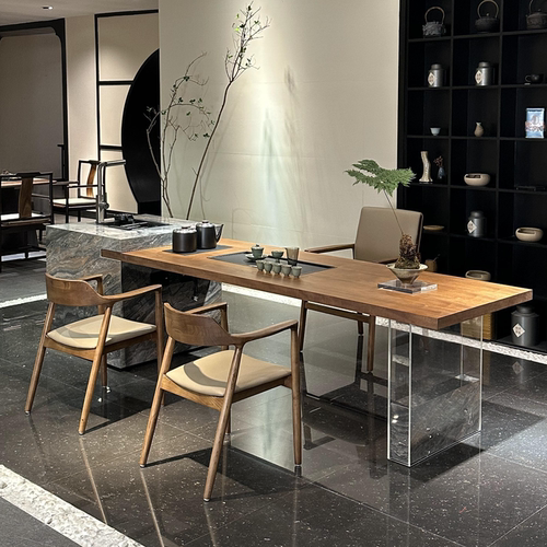 2025新款轻奢实木岩板茶桌现代极简亚克力岛台总裁办公室茶室茶台