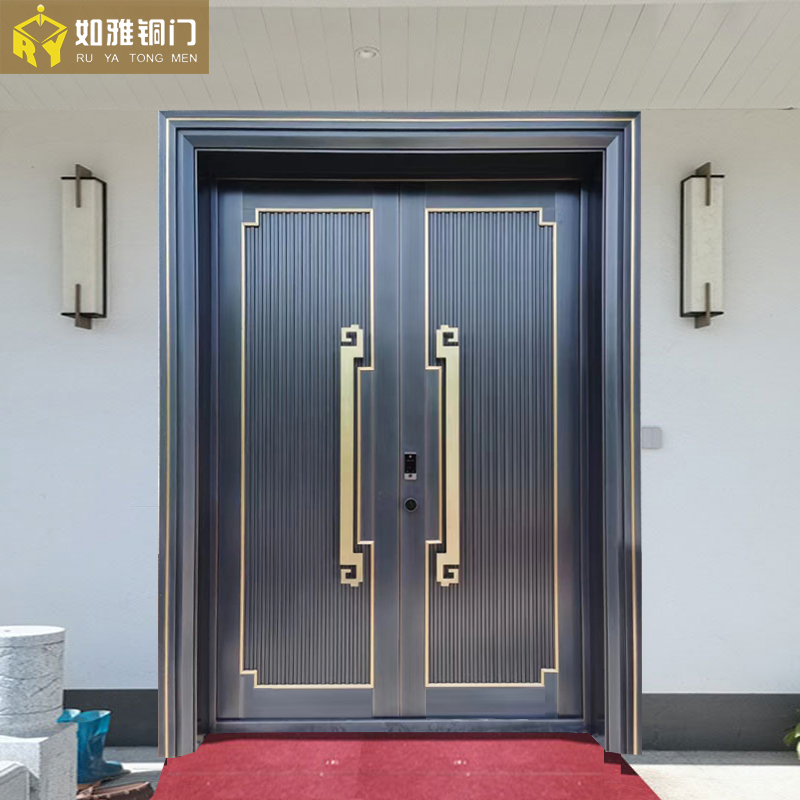 现代轻奢别墅铜门入户双开铜大门定制高端门新中式紫铜进户门