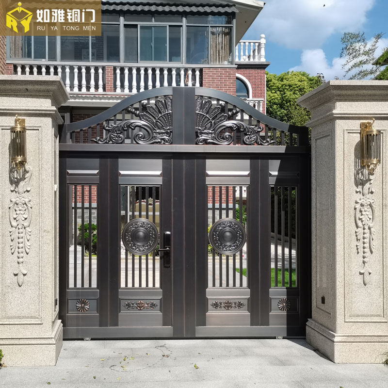 别墅大门铜门院墙弧形门定制别墅户外围墙中式电动镂空铜门花园门