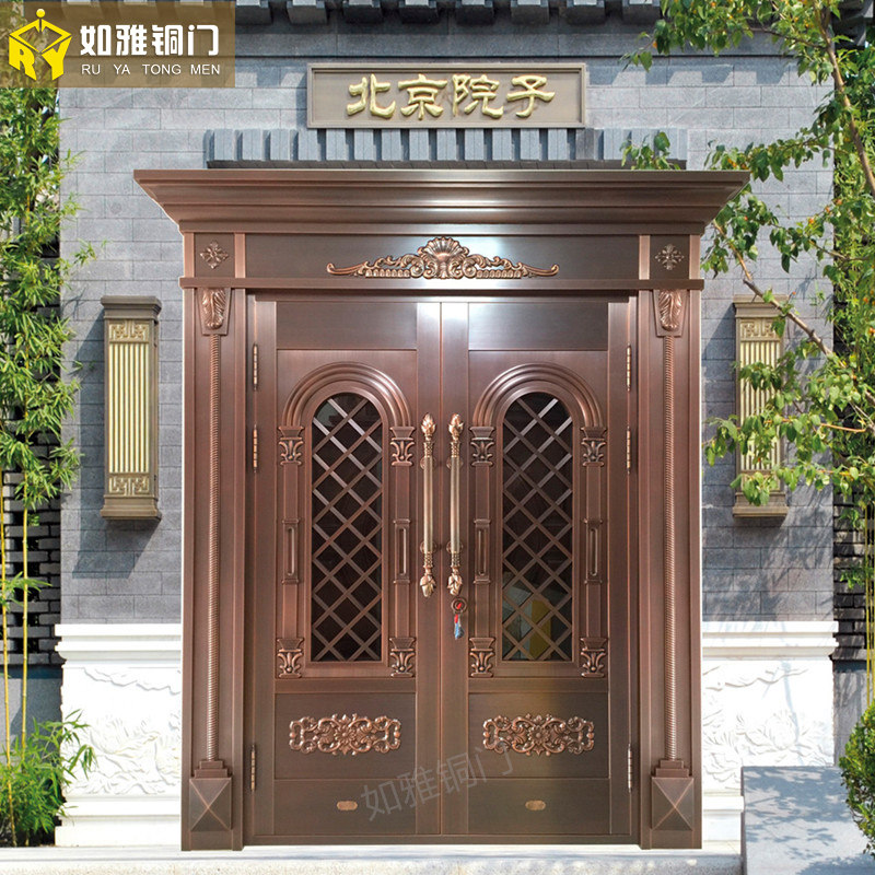 铜门别墅大门紫铜家用防盗玻璃门商用会所地弹簧铜门自建房玻璃门