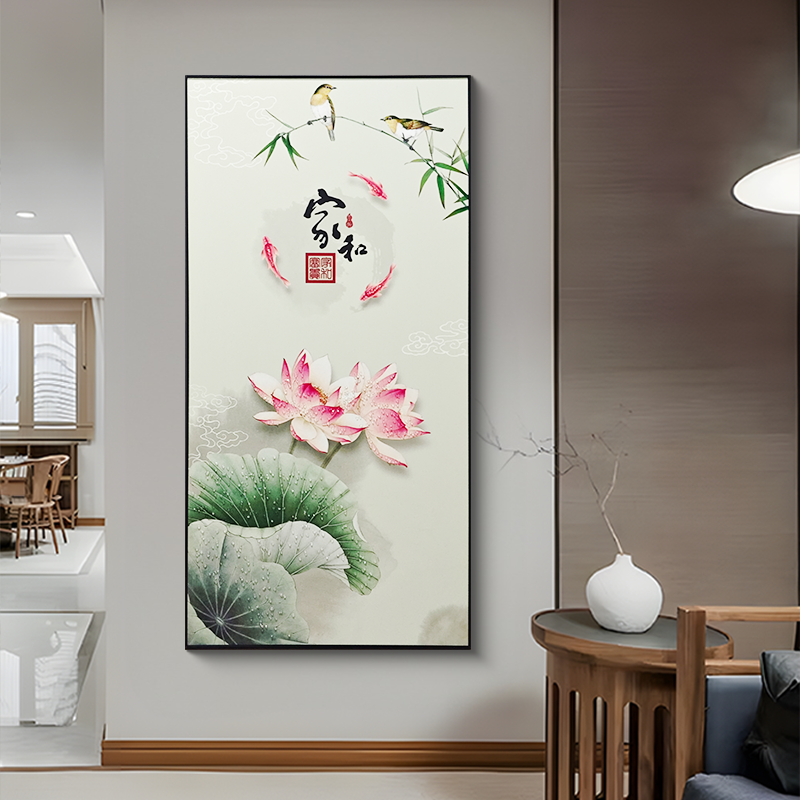 新中式素雅玄关装饰画晶瓷镶钻厅走廊尽头茶室酒店墙画荷花80160图片