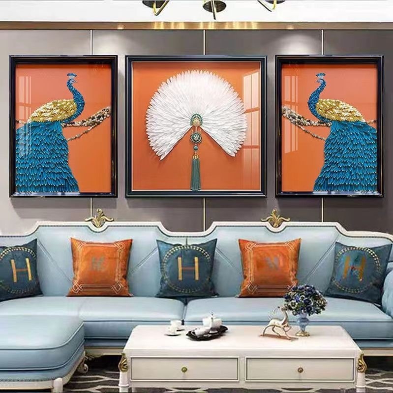 富贵孔雀客厅沙发背景墙装饰画高档立体羽毛手工实物画现代轻奢画图片