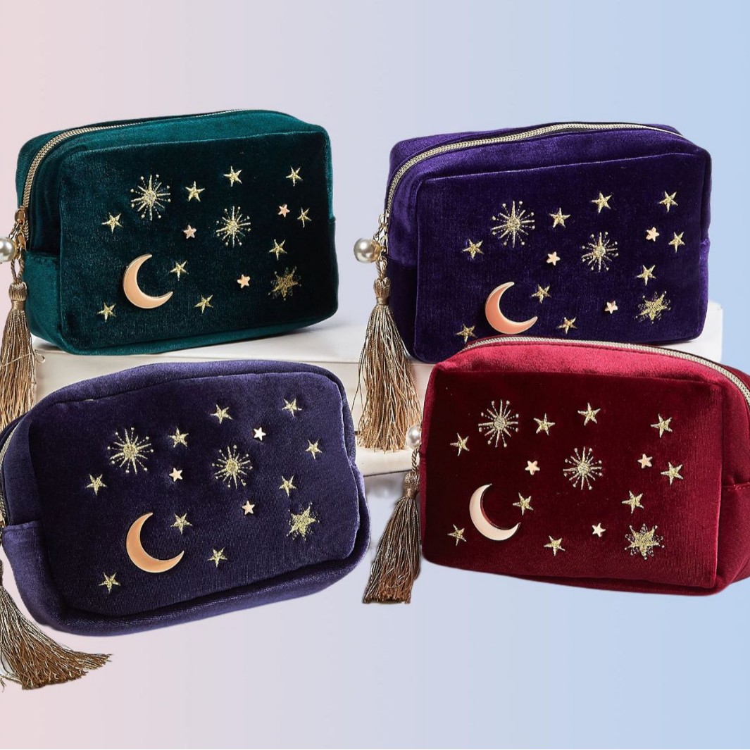 四色星月丝绒化妆包收纳包手拿包洗漱包大容量旅行包精美刺绣包