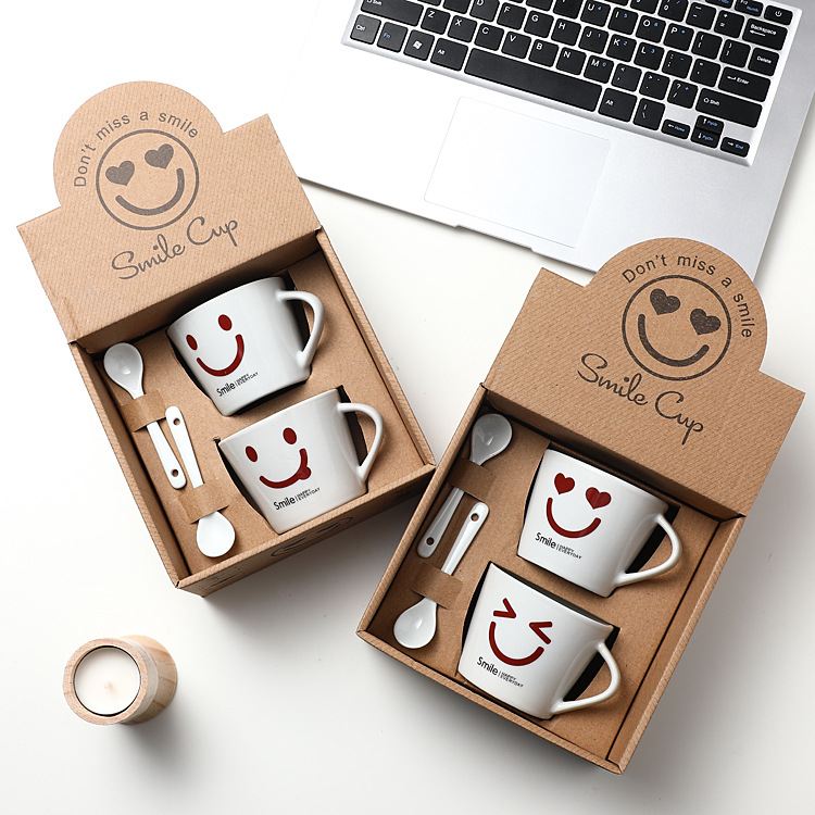 陶瓷马克杯对双杯包装一起配两个勺子精美致活动礼品物盒定制刻字