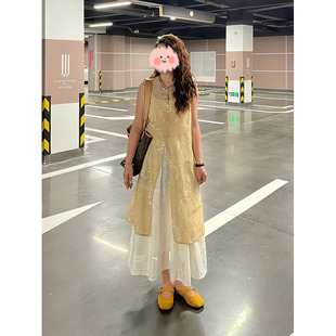 小个子轻奢国风碎花马甲中长款 上衣夏季 时尚 衬衫 新款 简约半裙套装