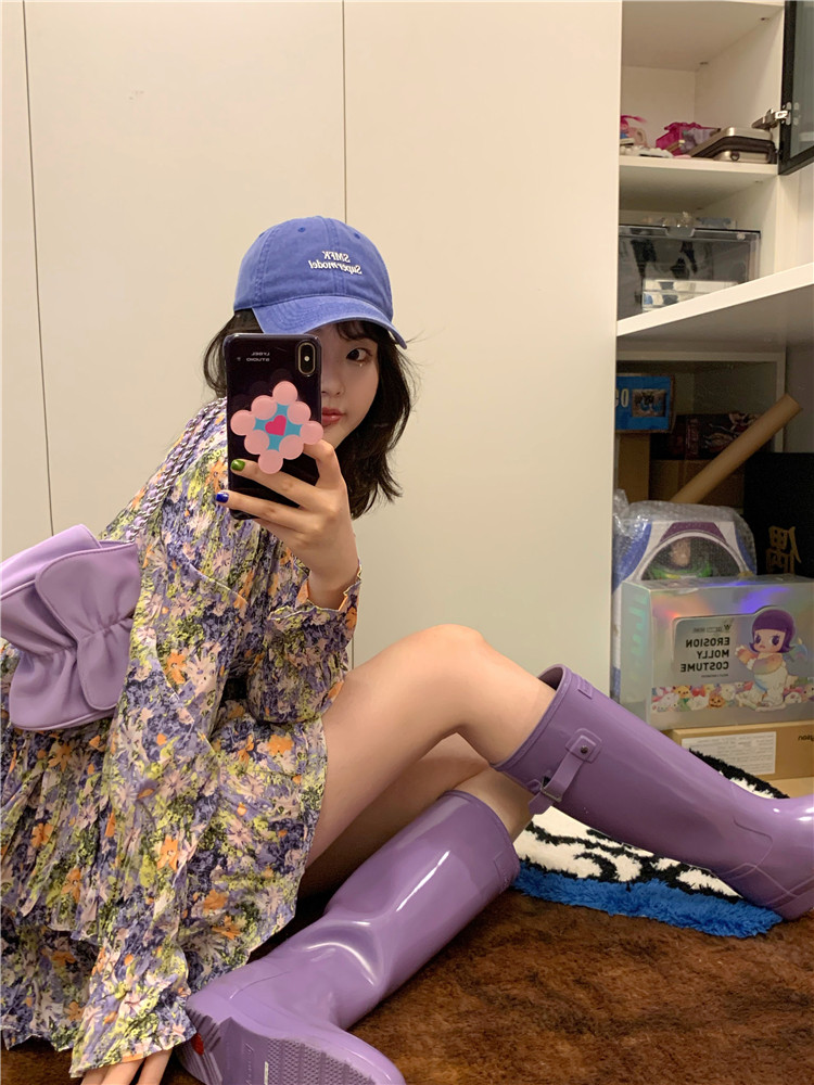 【kixx葱头】微醺午后 浪漫紫色法式v领碎花雪纺收腰连衣裙