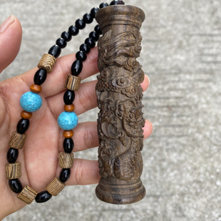 沉香木盘龙柱手把件雕刻男士随身把玩车挂件装饰降龙柱生肖龙摆件