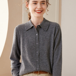 POLO领山羊绒开衫 针织衬衫 衬衣女装 宽松长袖 毛衣外套 时尚 秋冬新款