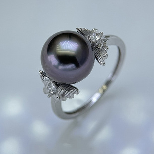 大溪地18k金镶钻天然海水正圆无瑕强光黑珍珠戒指