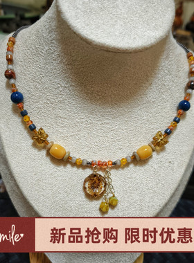 新款小众设计感复古黄色花朵串珠项链女百搭锁骨链