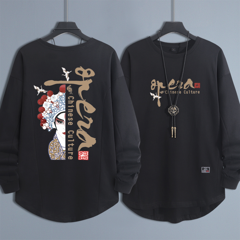 京剧脸谱中国风落肩秋季长袖t恤