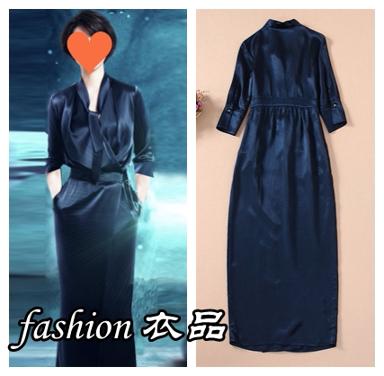2023夏款董卿同款藏蓝色裹身缎面衬衣连衣裙收腰优雅端庄长款礼服