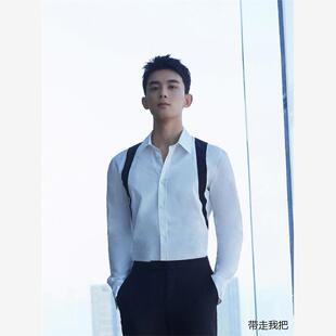 吴磊同款白色修身长袖衬衫抱婴袋印花设计感男士潮牌休闲百搭上潮