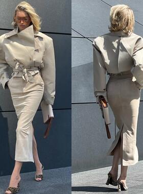 25款Elsa Hosk同款卡其色麂皮绒2025春夏后开衩铅笔裙半身裙女欧