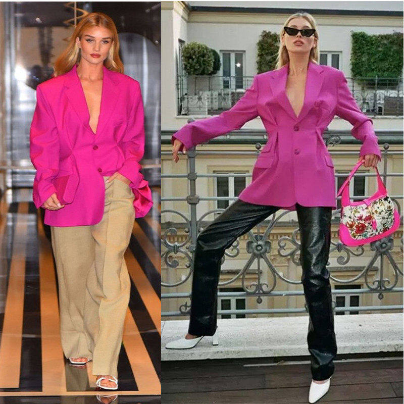 新款Elsahosk.Rosy同款玫红西装外套女休闲包邮女长款宽松秋外套