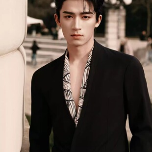 明星王星越同款 男潮流韩版 雅痞高级感百搭休时尚 潮 黑色双领口西装