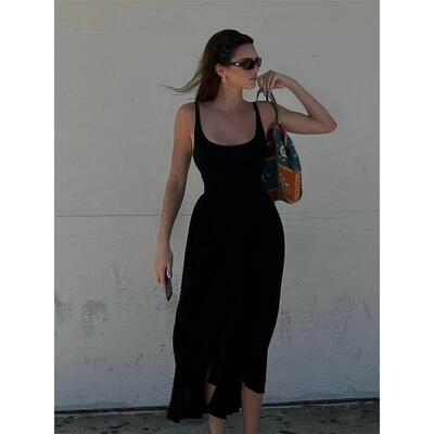 kendall肯豆同款黑色吊带连衣裙女夏无袖背心长裙法式高腰时尚潮