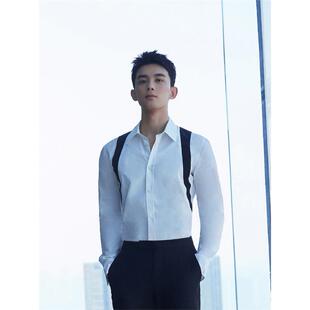 吴磊同款白色修身长袖衬衫抱婴袋印花设计感男士潮牌休闲百时尚潮