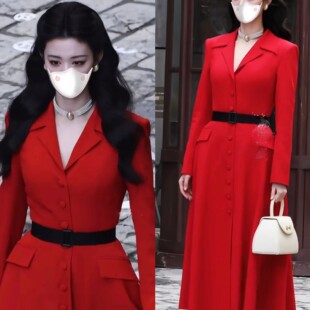 新款红色西装裙女中长版洋装大裙摆西服A字裙这一秒过火同款潮