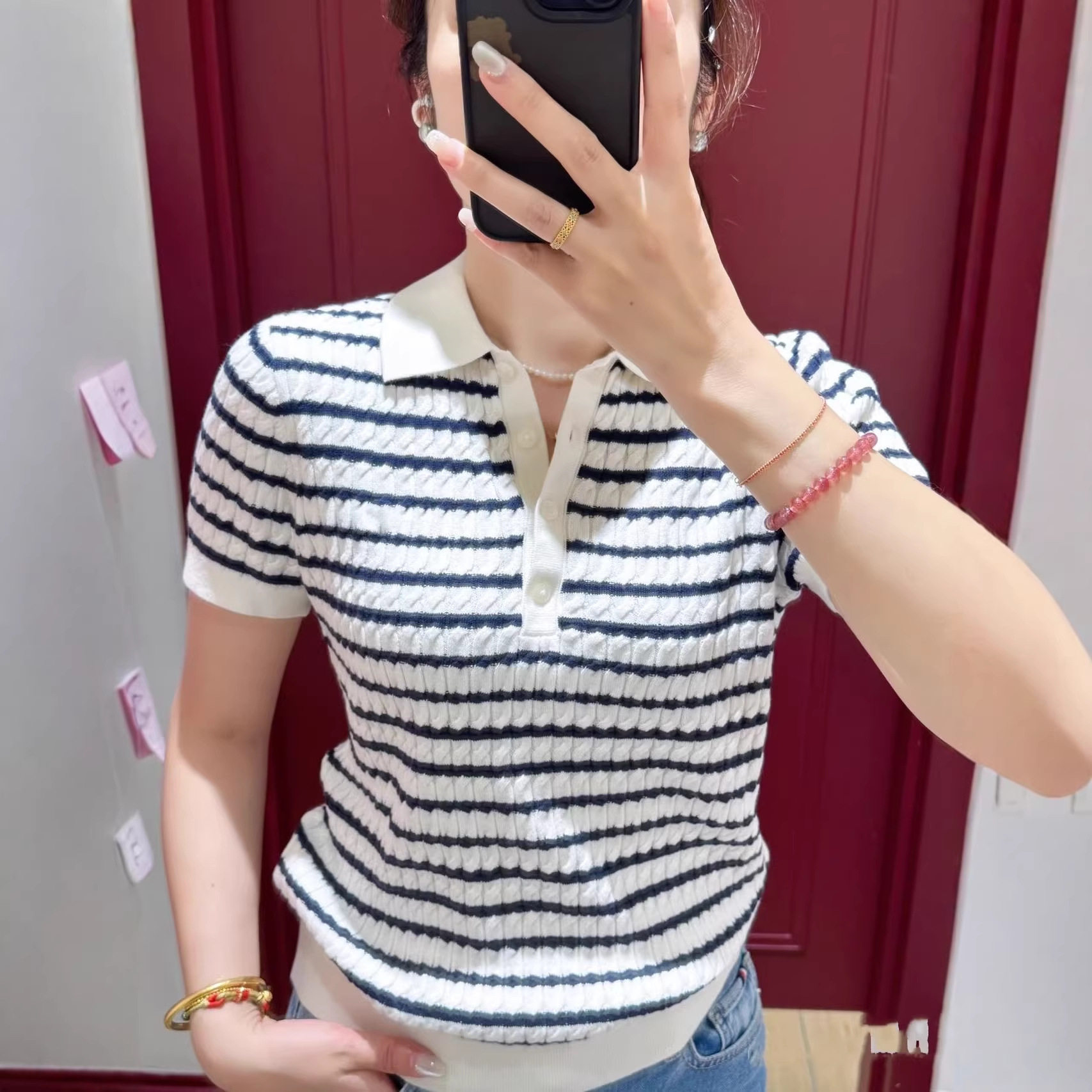 Tommy26春夏新款女装纯棉优雅休闲通勤条纹麻花POLO领短袖针织衫