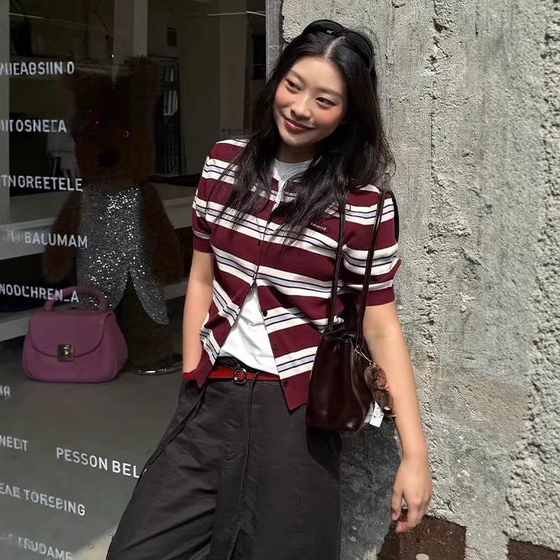 26春季新款复古学院风撞色条纹圆领针织上衣短袖开衫通勤女